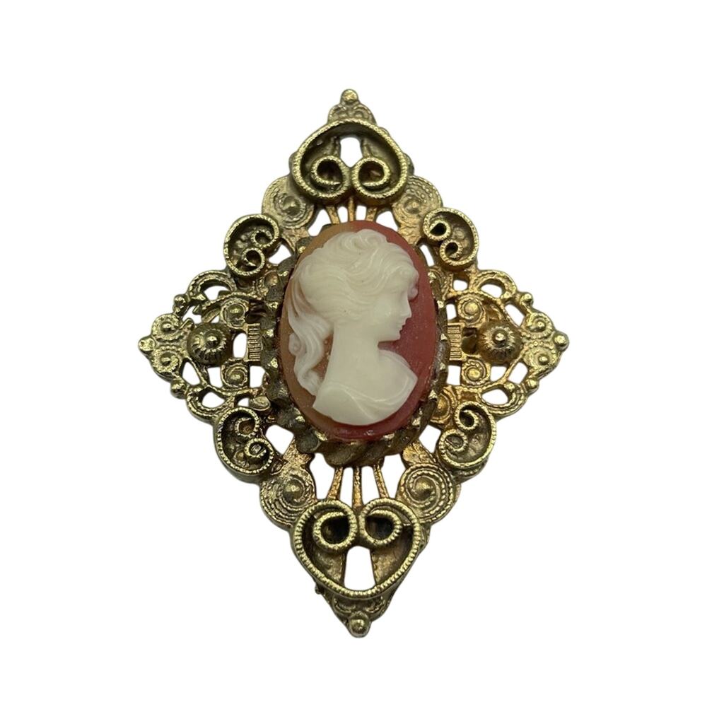 Vintage Estate Gold Tone Cameo Brooch Victorian Style